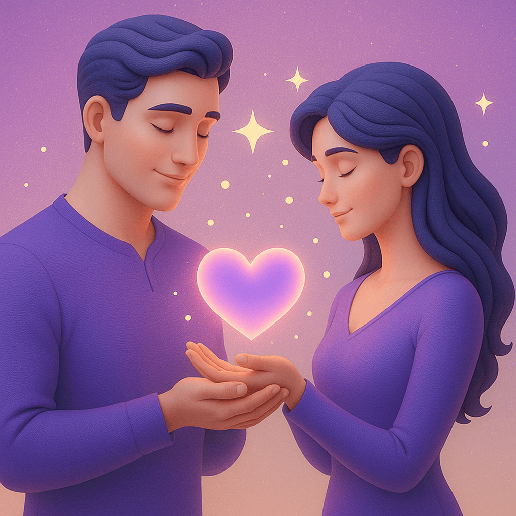 Two people sharing a glowing heart under a starry sky
